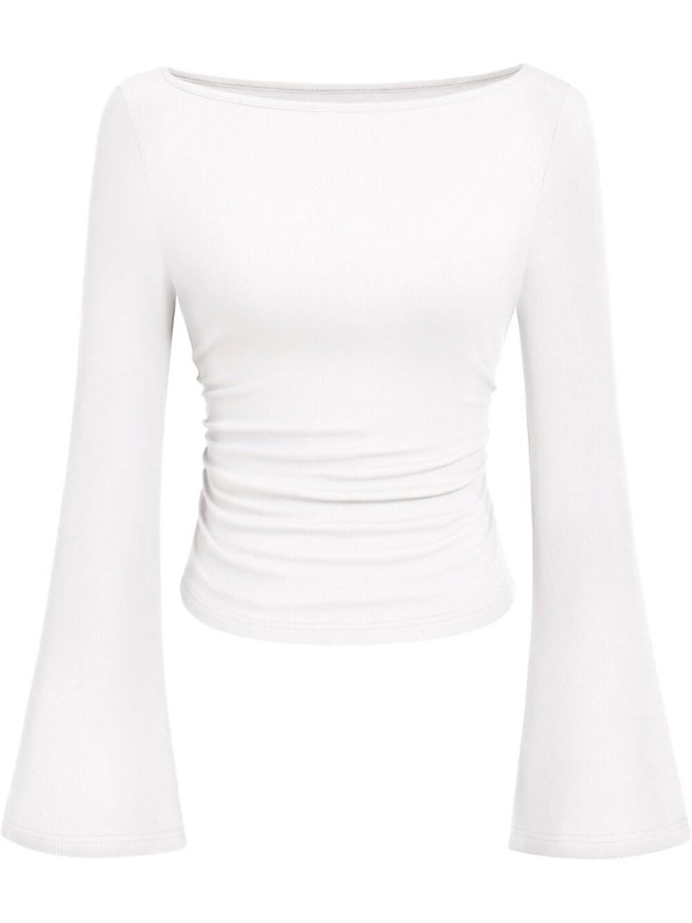 Women's White Boat Neck Long Sleeve Cropped Ruched Slim Fit Ribbed Knit Top